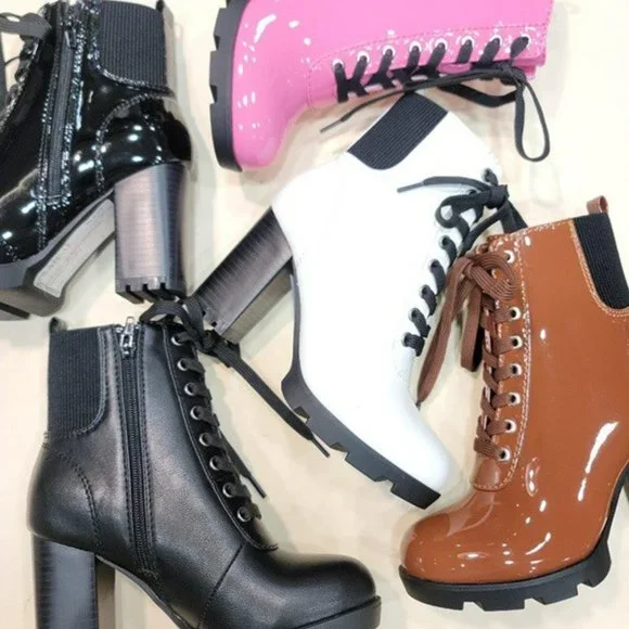 Cognac Patent Zip-Up Platform Bootie High chunky heel - Picture 4 of 6